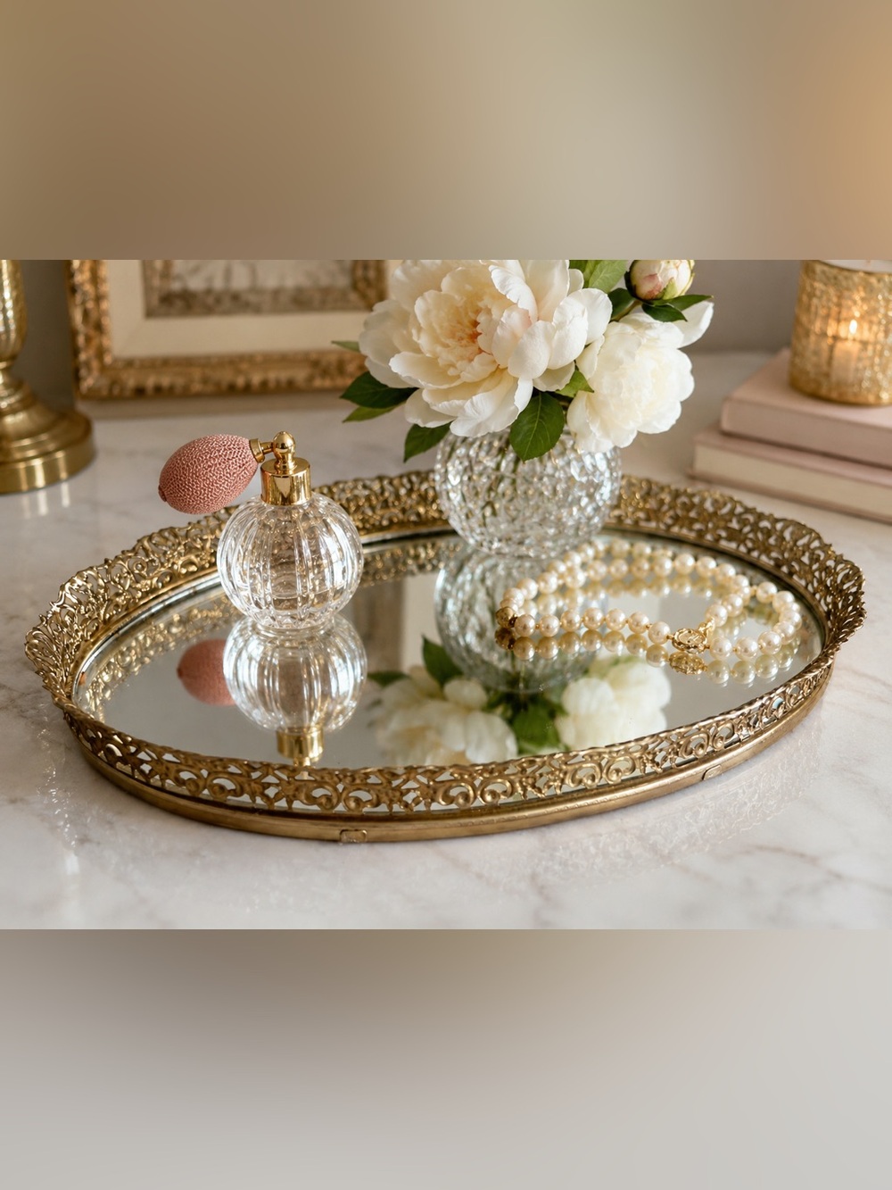 Vintage Gold Filigree Oval Mirrored Vanity Tray Hollywood Regency Decor